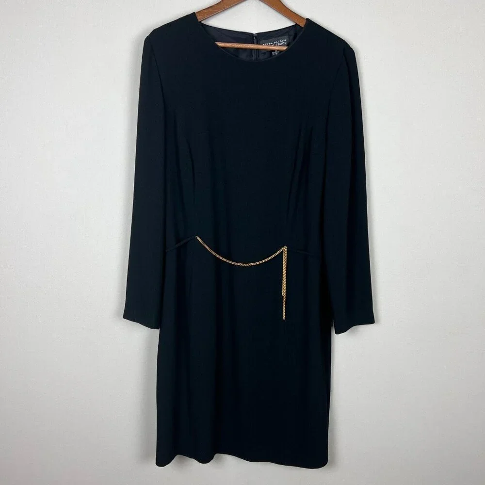 Linda Allard Ellen Tracy Dress Womens 12 Black Sheath Chain Long Sleeve Business